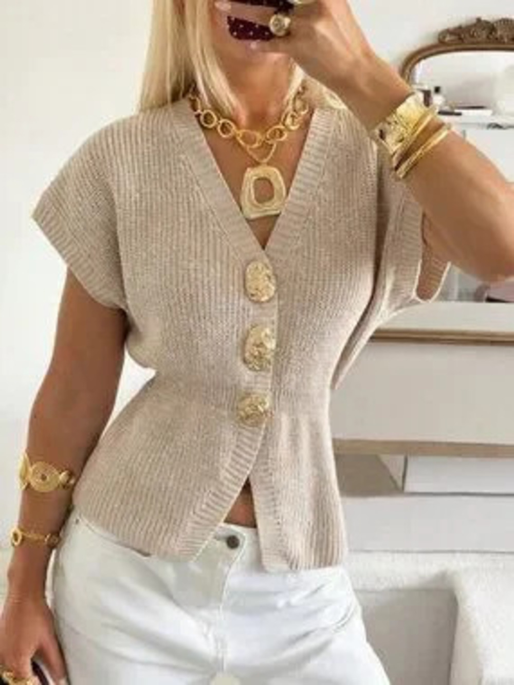 Apricot Casual Women's V-Neck Short Sleeve Button Shirt
